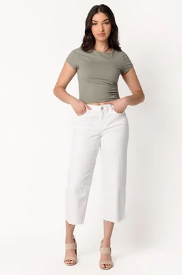 YMI White Wide-Leg Cropped Jean with Raw Hem