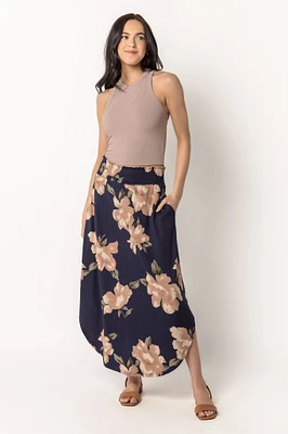 Floral Brushed Maxi Skirt with Smocked Waistband