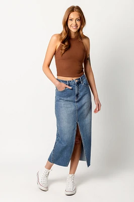 YMI Mid-Wash Maxi Skirt with Front Slit