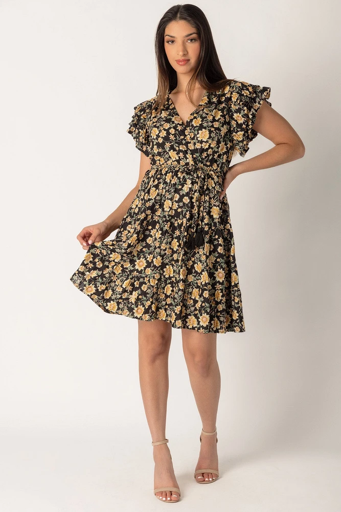 Small Floral Print Crossover Tiered Dress