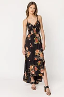 Floral/Bird Smocked High Low Dress with Lace-Up Back