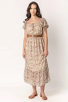 Wallflower Boho Floral Puff Sleeve Belted Maxi Dress