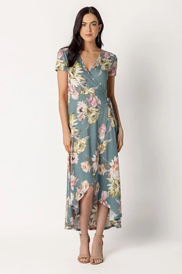 Large Floral Brushed Cap Sleeve Crossover High Low Dress