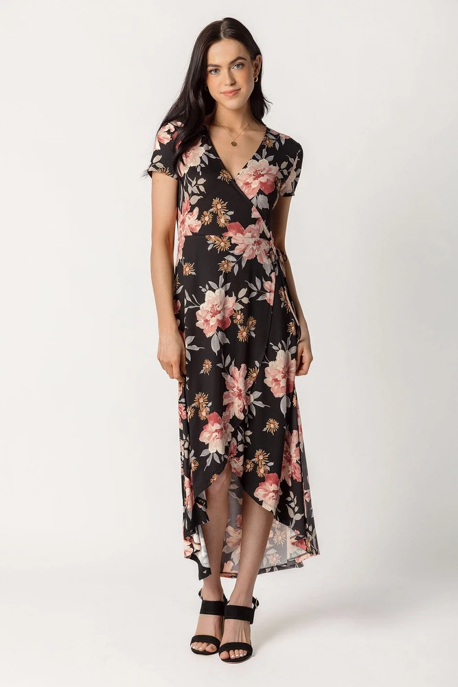 Floral Brushed Cap Sleeve Crossover High Low Dress