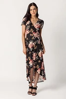 Floral Brushed Cap Sleeve Crossover High Low Dress