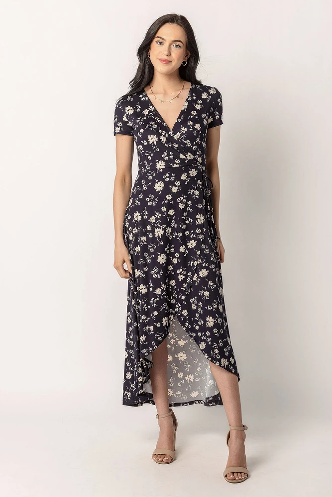 Small Floral Cap Sleeve Crossover High Low Dress