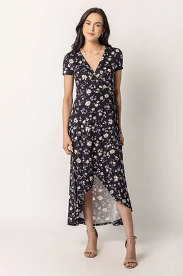 Small Floral Cap Sleeve Crossover High Low Dress