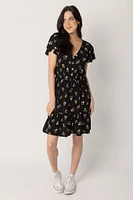 Ditsy Flutter Sleeve Dress with Buttons and Ruffle Hem