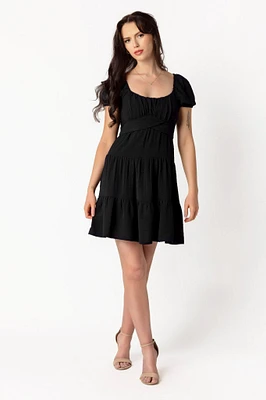 Swiss Dot Short-Sleeve Tiered Dress