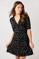 Abstract Dot V-Neck Dress with Puff Sleeves