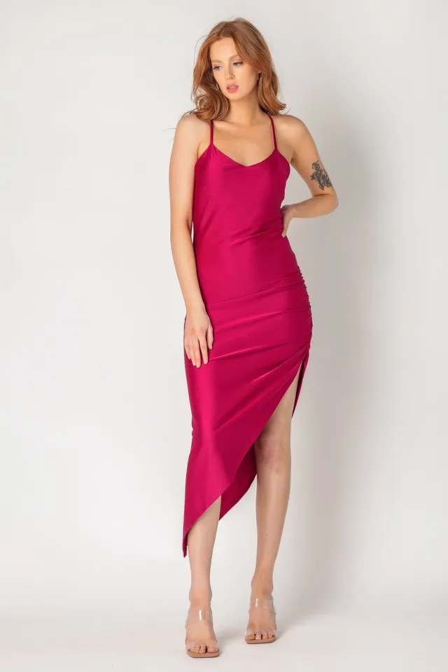 Stretch Satin Spaghetti Strap Asymmetrical Maxi Dress – Eclipse