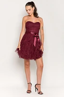 Glitter Mesh Tiered Strapless Mini Dress with Ribbon Belt