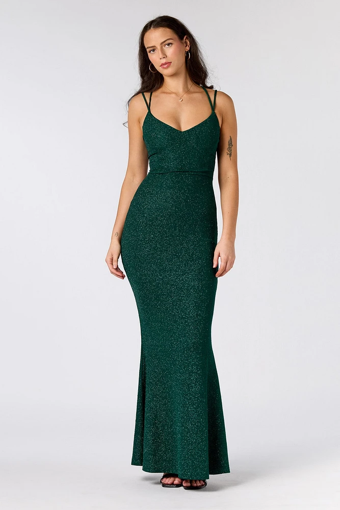 Glitter Fukuro Mermaid Maxi Dress with Lace-Up Back