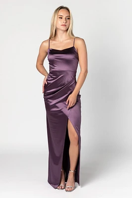 Stretch Satin Spaghetti Strap Maxi Dress with Crossover Skirt