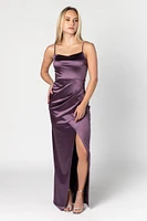 Stretch Satin Spaghetti Strap Maxi Dress with Crossover Skirt