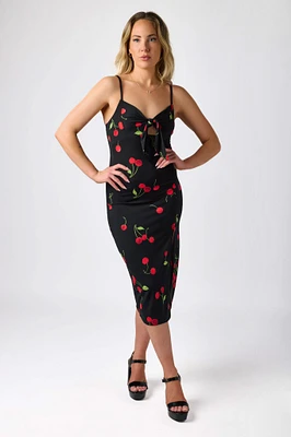 Cherry Spaghetti Strap Midi Dress with Side Slit