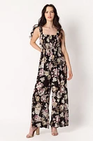 Floral Gauze Wide Strap Jumpsuit with Side Slits