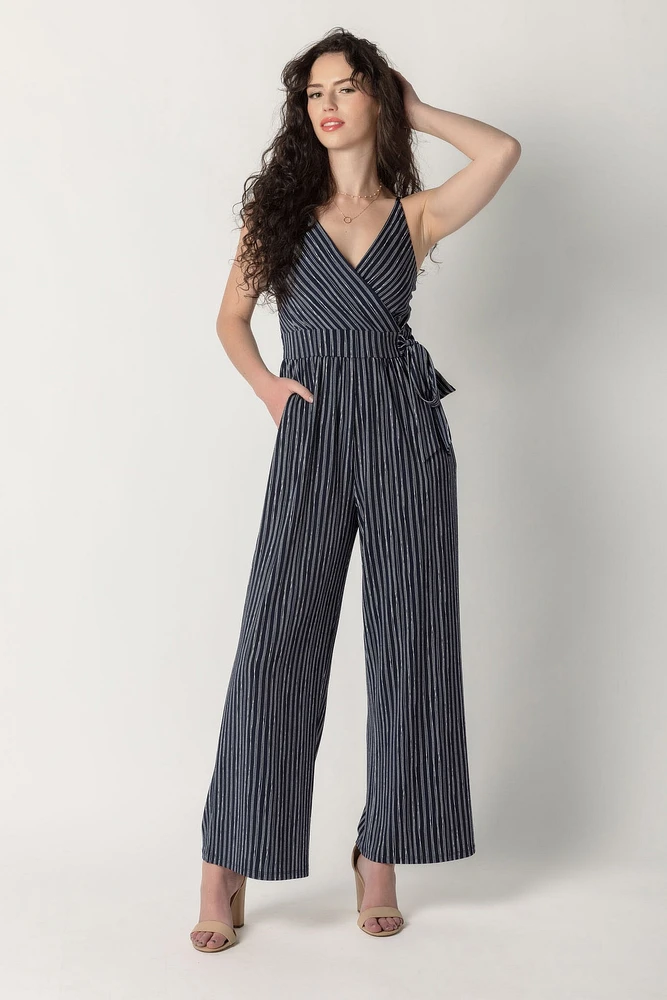 Stripe Spaghetti Strap Crossover Jumpsuit