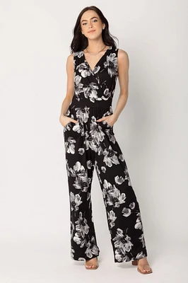 Floral Brushed Sleeveless Crossover Jumpsuit