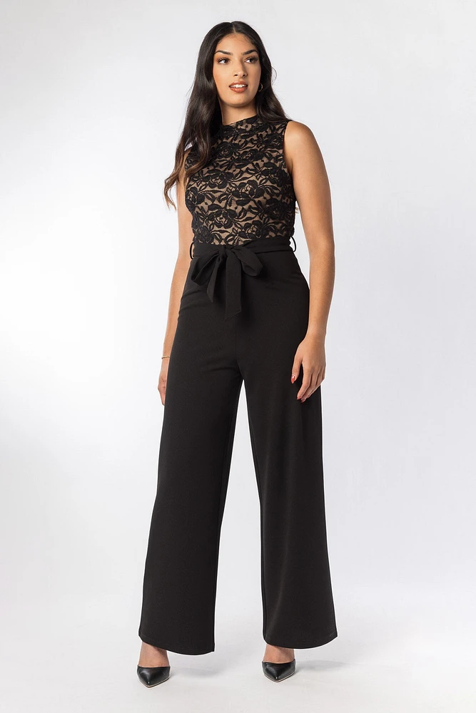 Mockneck Sleeveless Jumpsuit with Tie-Belt