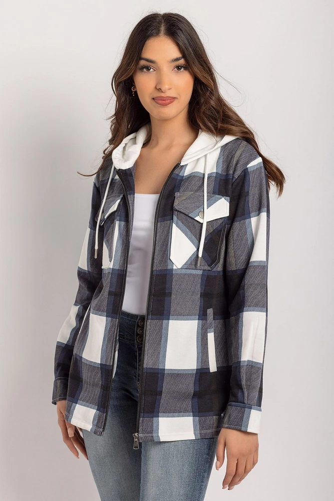 Plaid Fleece Zip-Front Hooded Shirt