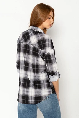 Plaid Knit Shirt with Chest Pockets and Roll-Up Sleeves