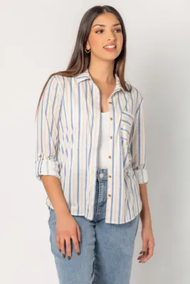 Beige & Blue Stripe Button-Up Shirt