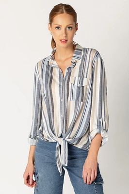 Tie-Front Stripe Shirt with Chest Pocket