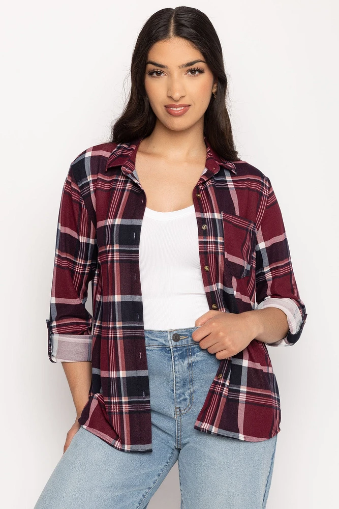 Cozy Plaid Shirt with Roll-Up Sleeves Cranberry