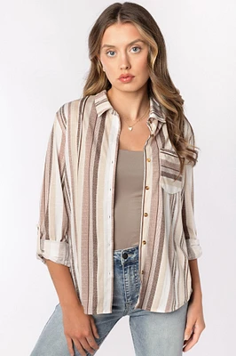 Striped Button-Up V-Neck Shirt