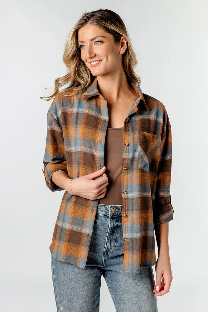 Plaid Flannel Shirt with Roll-Up Sleeves