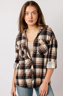 Plaid Knit Shirt with Roll-Up Sleeves