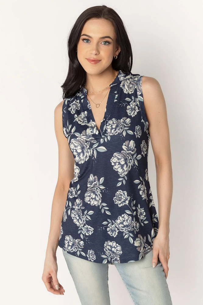 Navy Floral Sleeveless Blouse