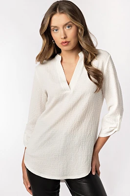 Textured V-Neck Blouse with Roll Tab sleeves