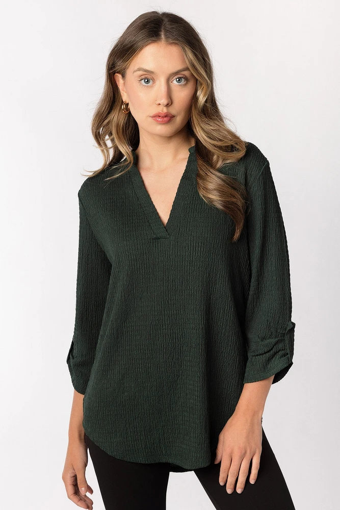 Textured V-Neck Blouse with Roll Tab sleeves