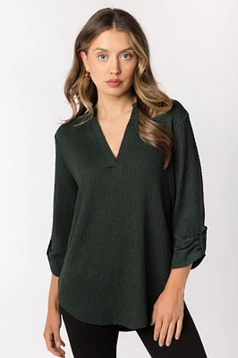 Textured V-Neck Blouse with Roll Tab sleeves