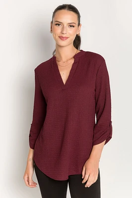 Textured V-Neck Blouse with Roll Tab sleeves