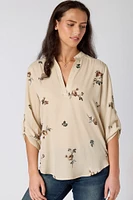 Floral Printed V-Neck Blouse with Roll-Tab Sleeves