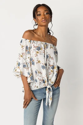 Blue & Gold Floral Off-The-Shoulder Blouse with Tie-Front