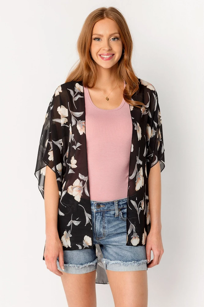 Black & Taupe Floral Chiffon Kimono