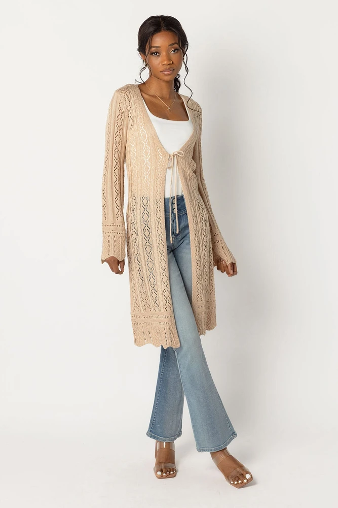 Pointelle Tie-Front Duster Sweater