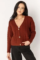 Long-Sleeve Buttoned V-Neck Cable Cardigan