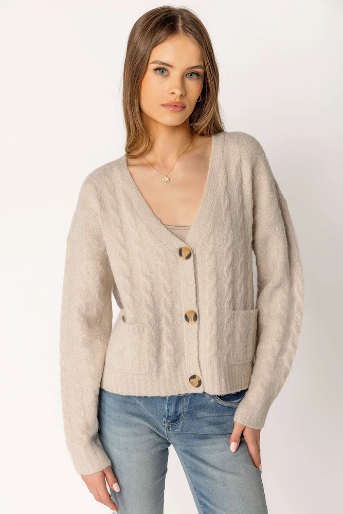 Long-Sleeve Buttoned V-Neck Cable Cardigan