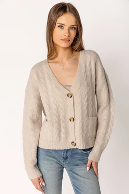 Long-Sleeve Buttoned V-Neck Cable Cardigan