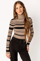 Oatmeal and Black Striped Ribbed Long-Sleeve Turtleneck