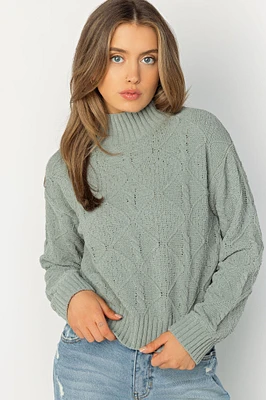 Dull Chenille Mock-Neck Sweater with Cable Stitches