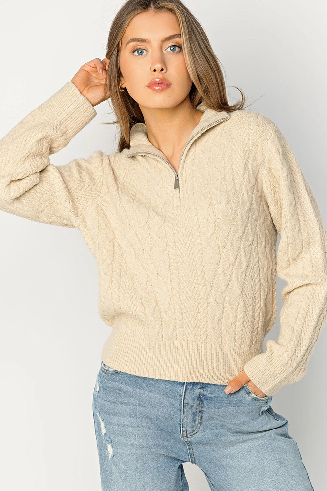 Quarter-Zip Mockneck Cable-Knit Sweater