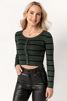 Cropped Long-Sleeve Striped Sweater with Buttons