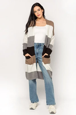 Stripe Long-Sleeve Open Cardigan with Pockets