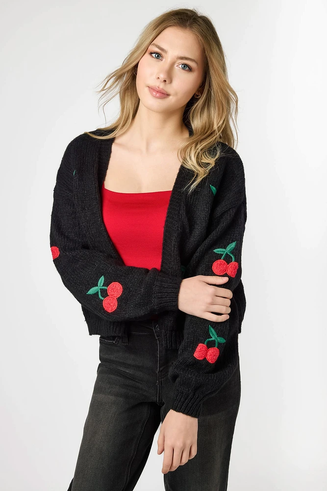 Cherry Embroidered Open Cardigan